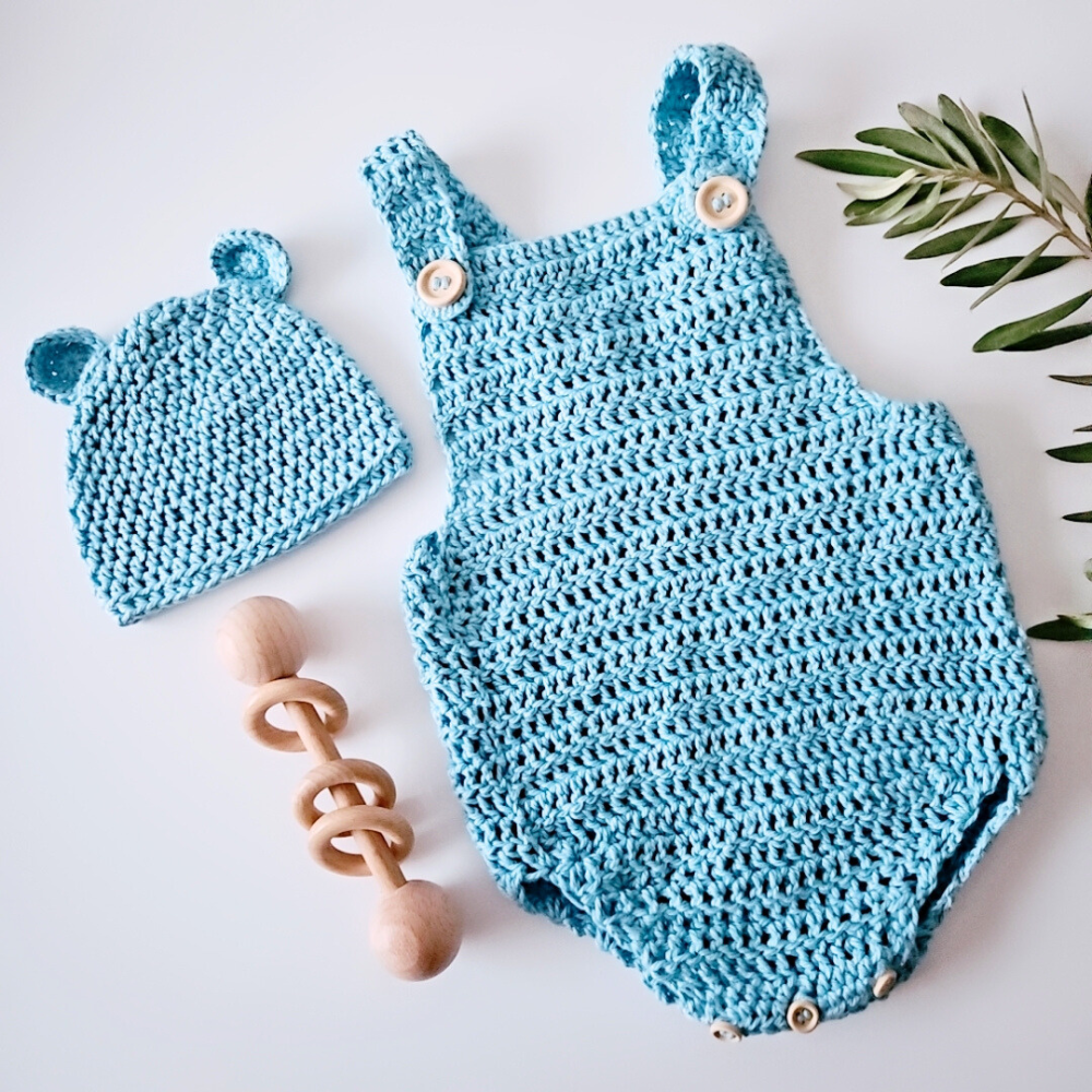 Baby Blue Cotton Crochet Romper | Hey Beadly