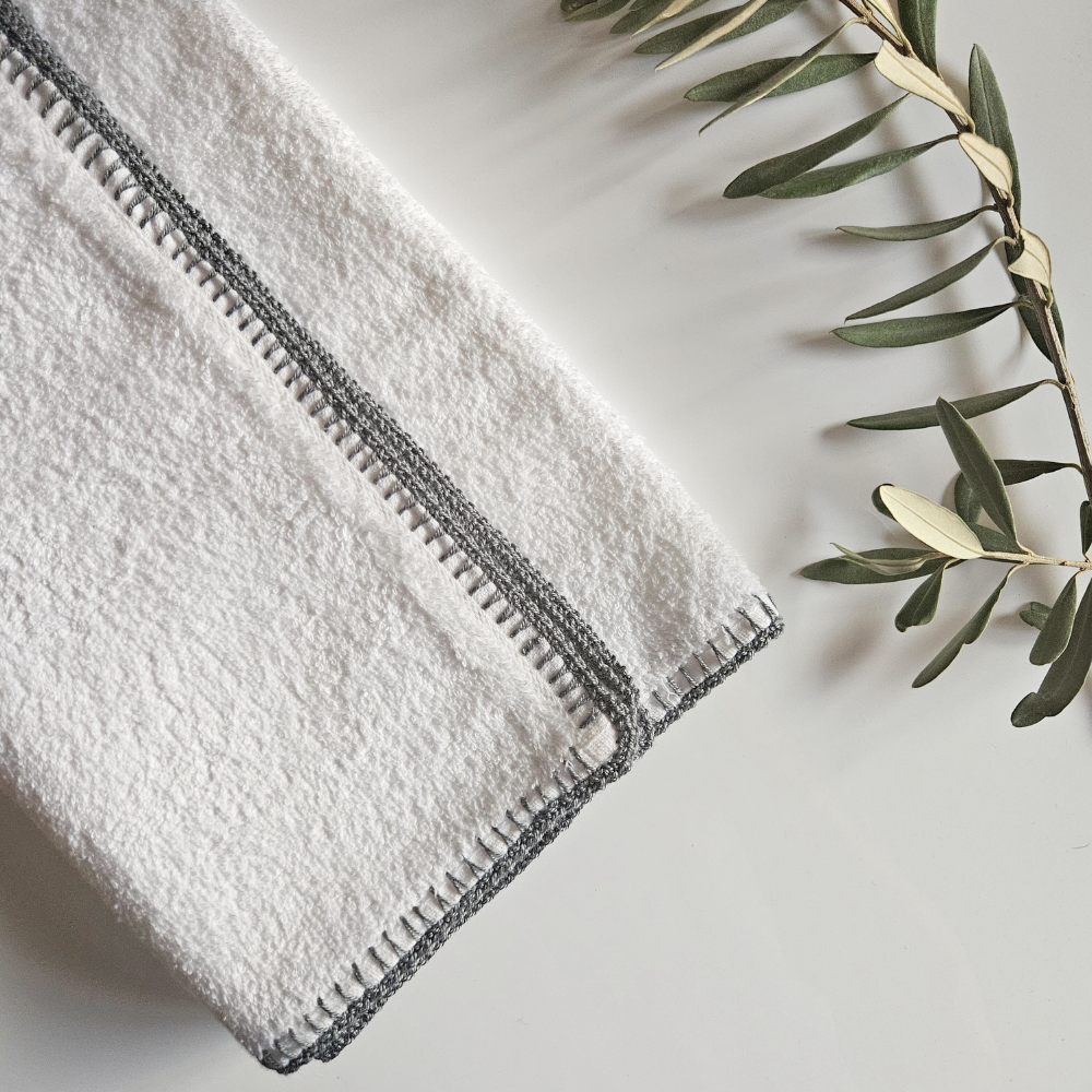 Cotton Baby Towel with Dark Grey Crochet Edge - Hey Beadly