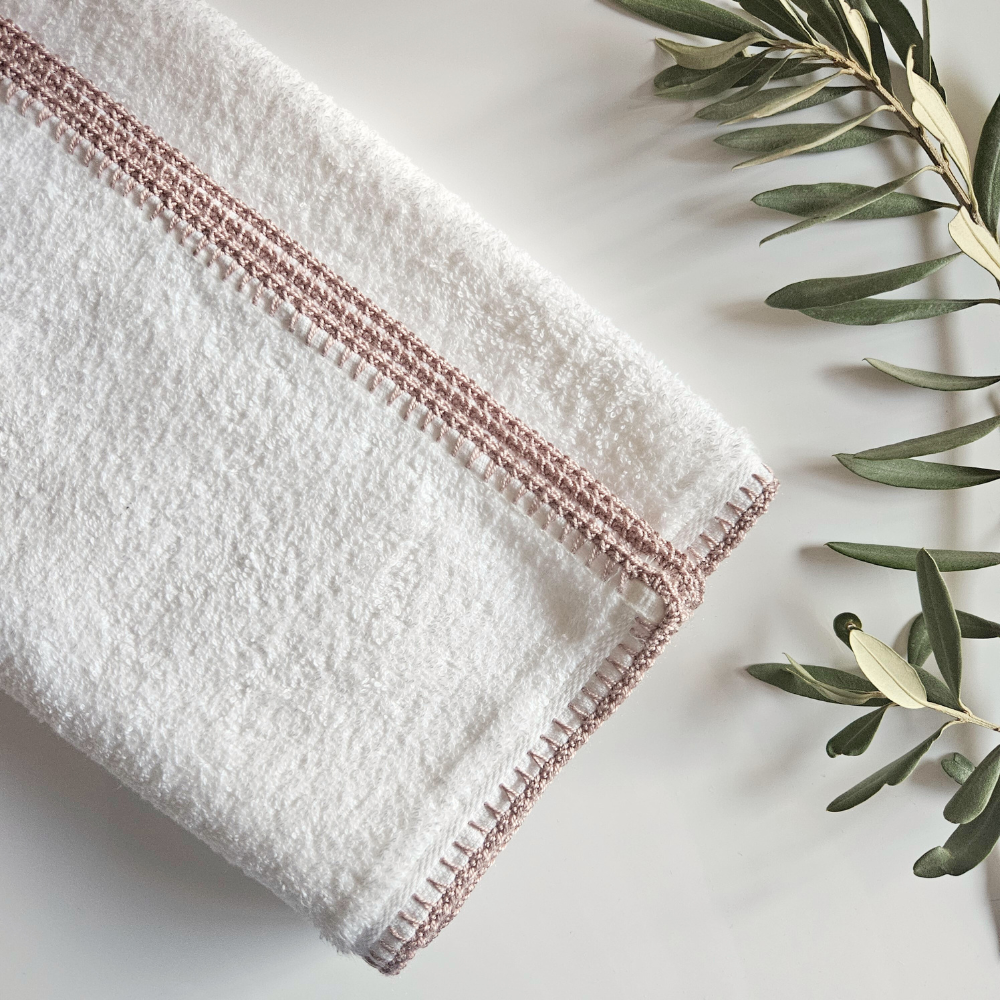 Cotton Baby Towel with Dusty Pink Crochet Edge - Hey Beadly
