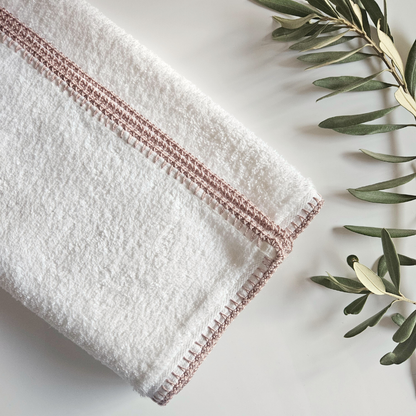 Cotton Baby Towel with Dusty Pink Crochet Edge - Hey Beadly