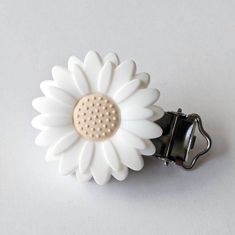 White and Cream Daisy Silicone Pacifier Clips  - Hey Beadly