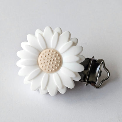 White and Cream Daisy Silicone Pacifier Clips  - Hey Beadly