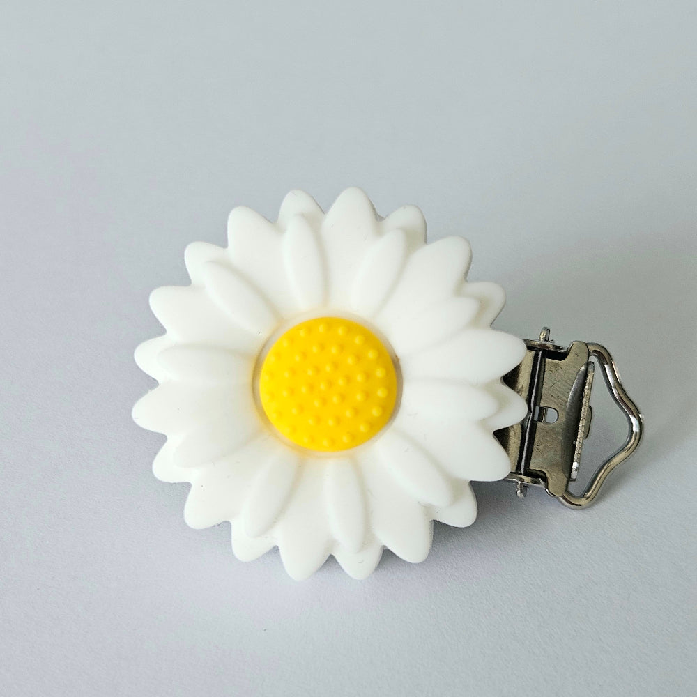 White and Yellow Daisy Silicone Pacifier Clips  - Hey Beadly