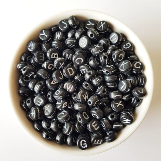 Black Round Acrylic Alphabet Beads - Hey Beadly