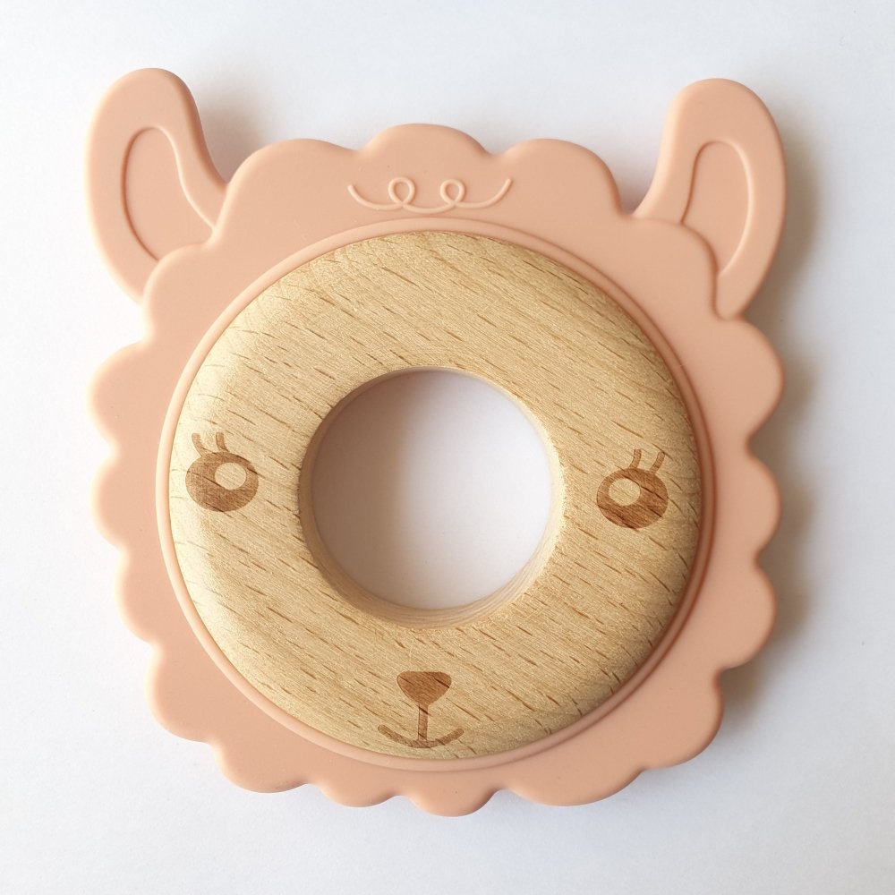 Llama Silicone and Beech Wood Teether - Dusty Pink - Hey Beadly