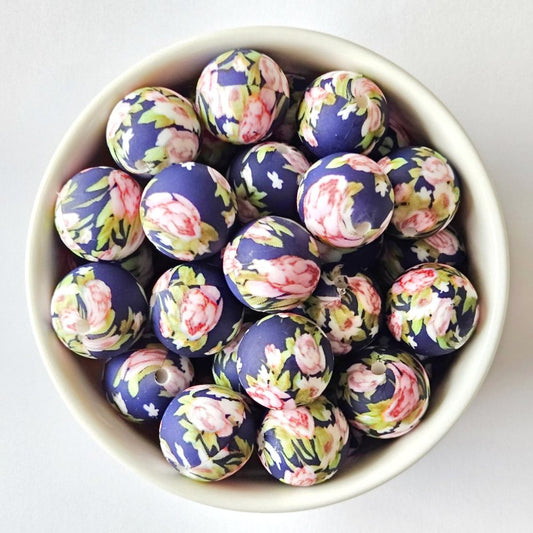 Navy Rose Silicone Print Beads - Hey Beadly