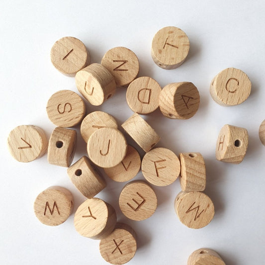 Round Beech Wood Alphabet Beads - Hey Beadly