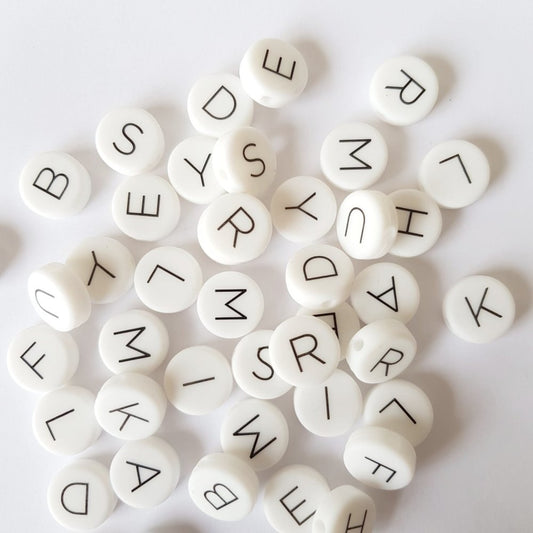 Silicone Print Alphabet Beads - White - Hey Beadly