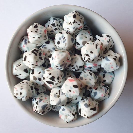 White Terrazzo Silicone Hexagon Print Beads - Hey Beadly